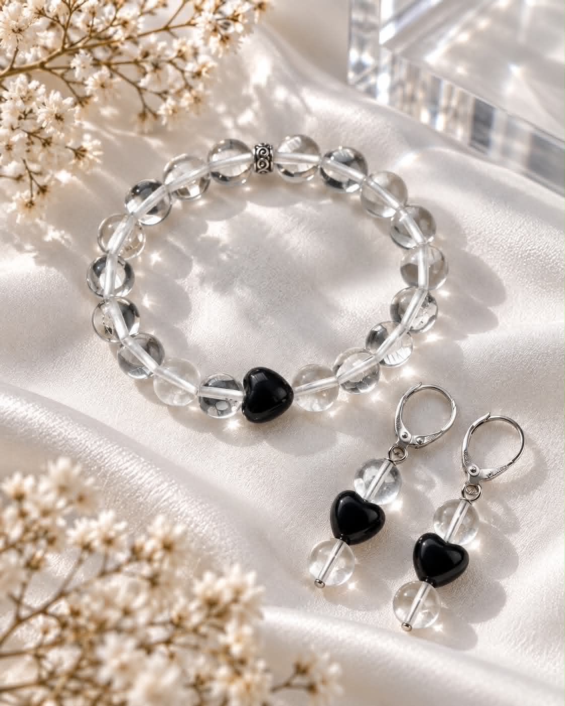 Clear Crystal & Black Obsidian Heart Set