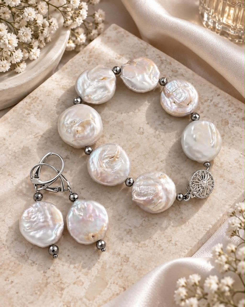 Unique Button Round Freshwater Pearl Set
