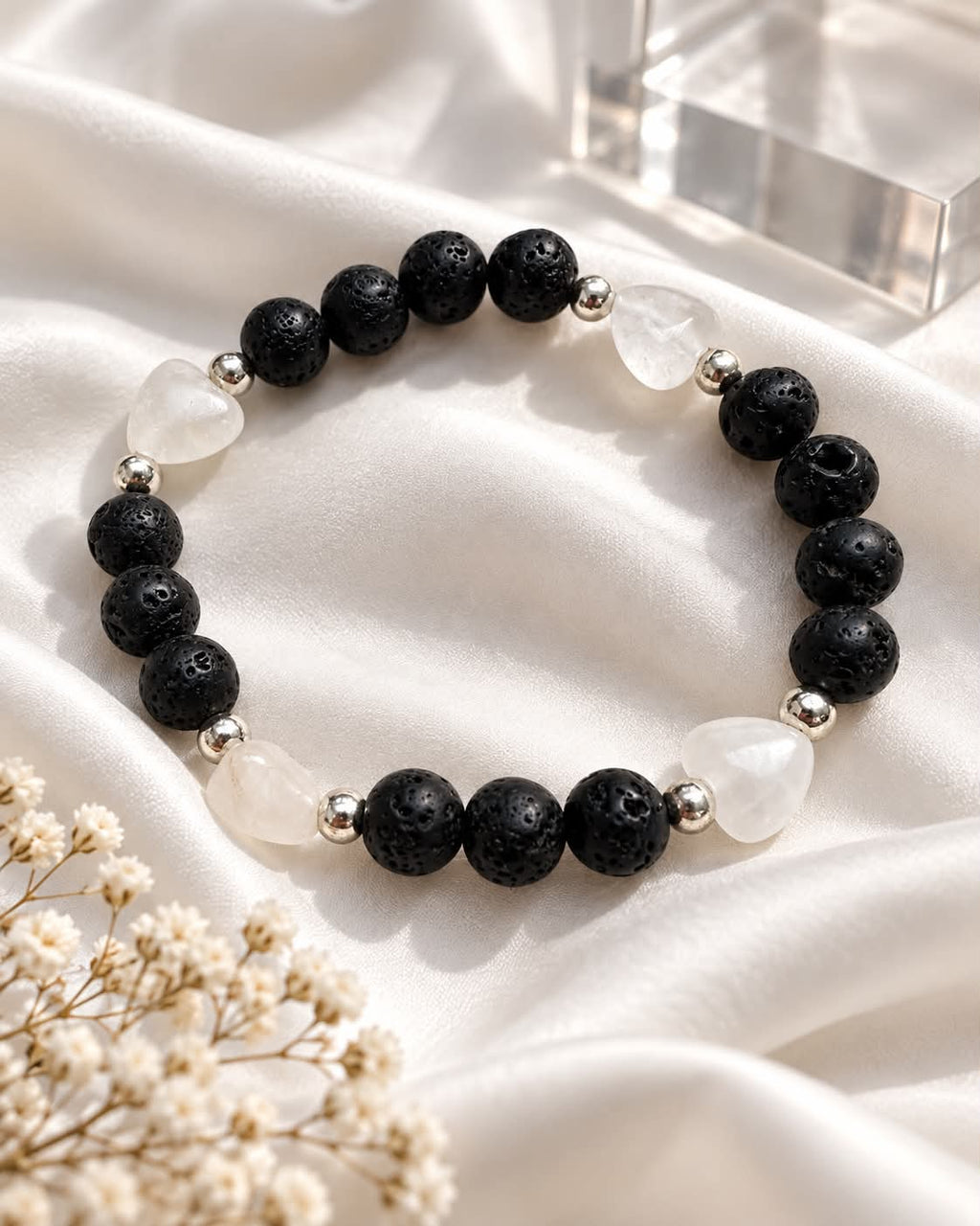 Lava Stone Bracelet with Crystal Hearts
