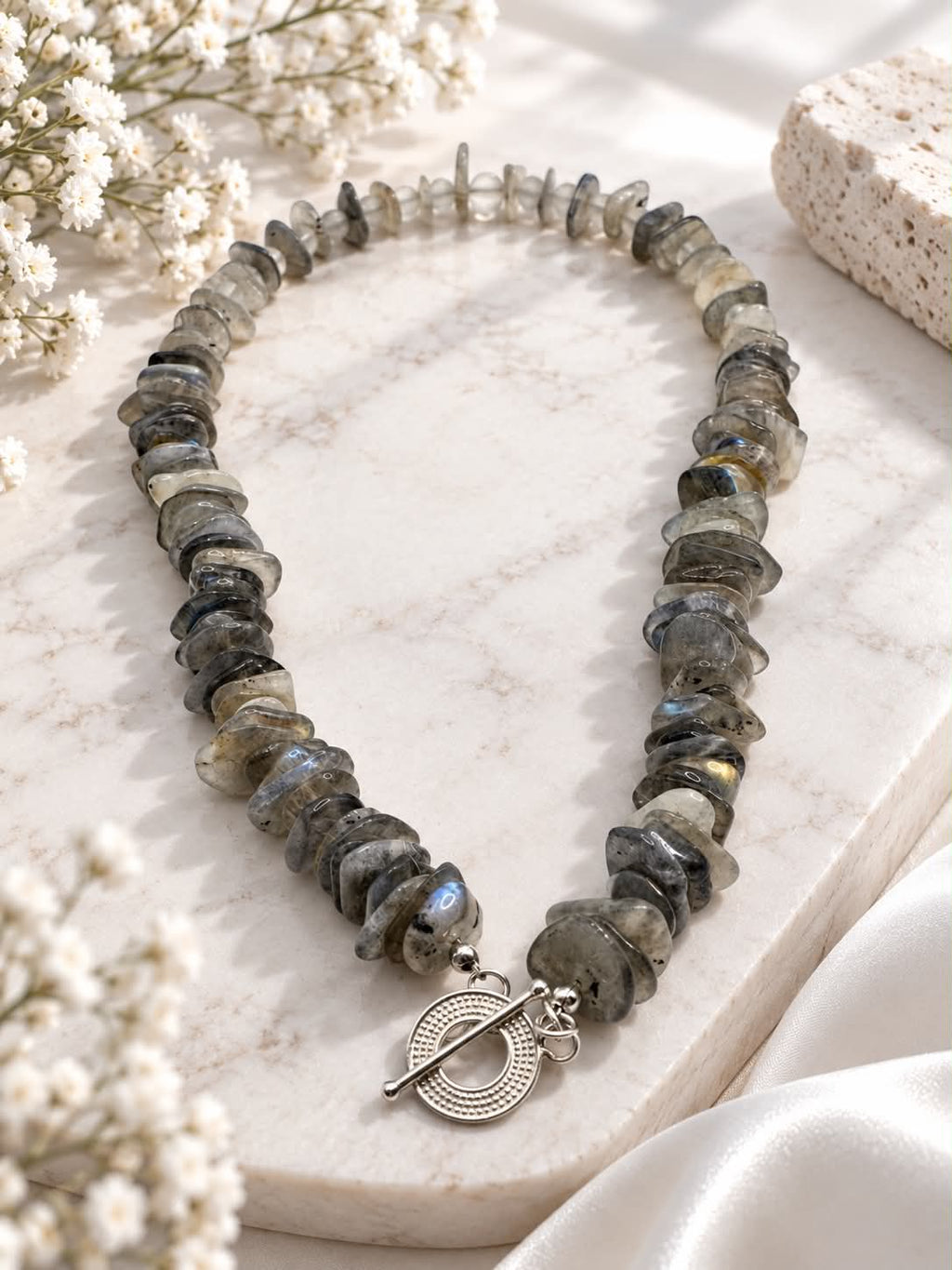 Labradorite Chip & Frosted White Jade